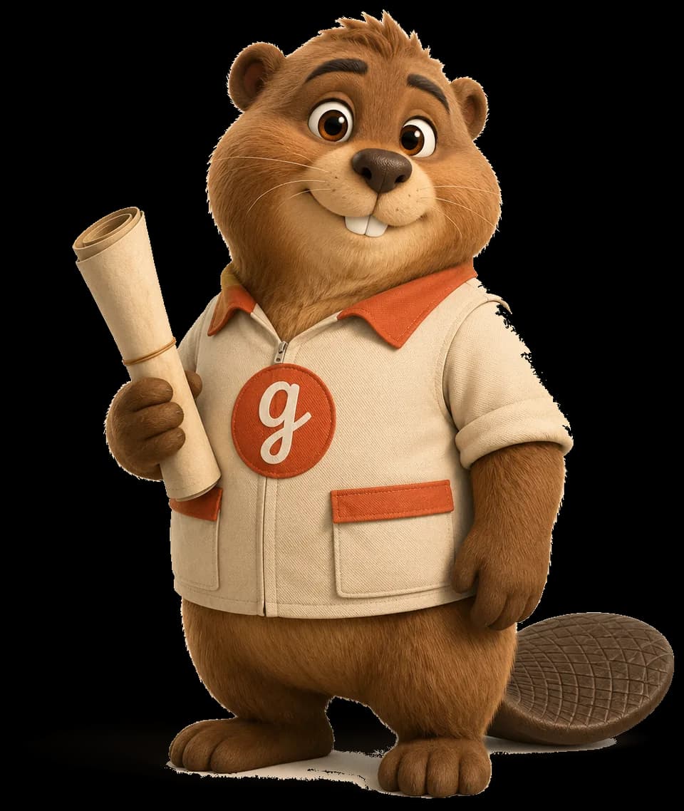 Gino, un castor façon film d'animation, gilet d'atelier crème et écusson g, un rouleau de fiche d'activité à la patte