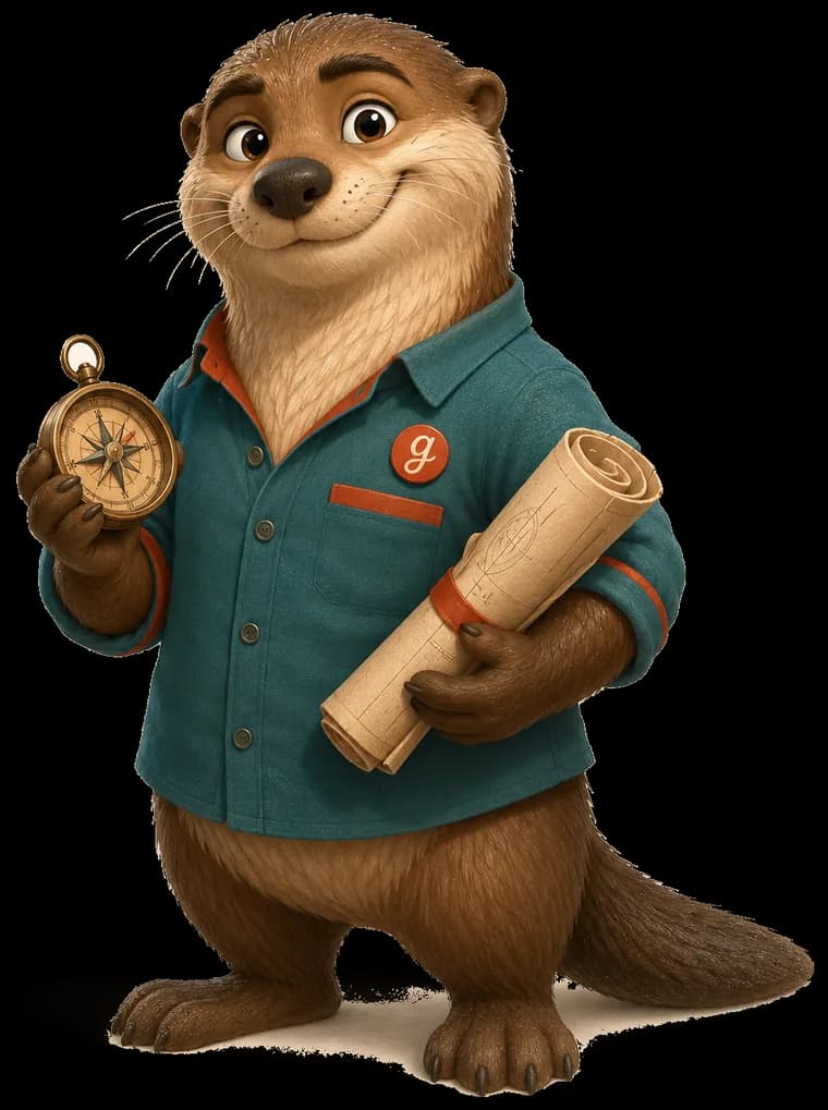 Le Pédagogue, une loutre en chemise sarcelle, boussole en patte