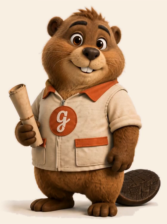 Gino, un castor façon film d'animation, gilet d'atelier crème et écusson g, un rouleau de fiche d'activité à la patte